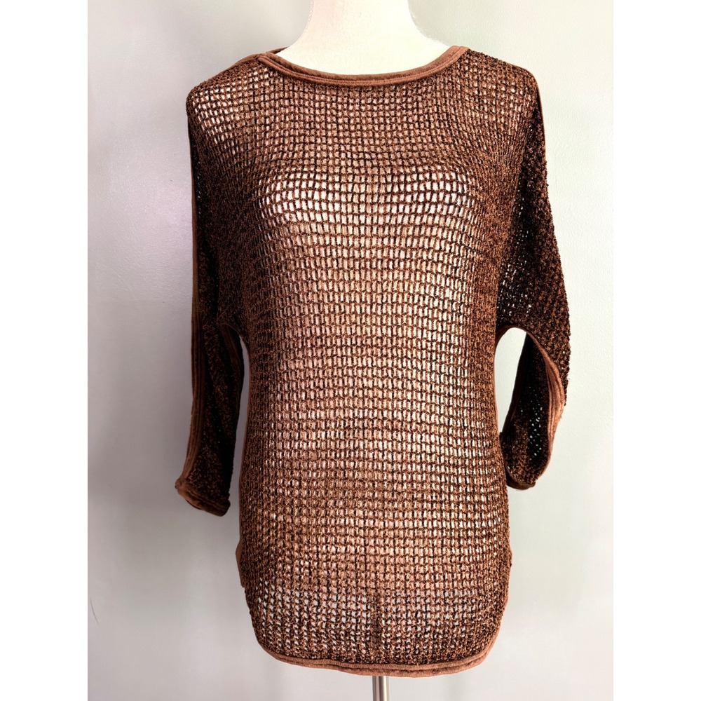 Vintage Y2K Necessary Objects Knit Top Womens M Brown Fishnet Mesh Grunge Boho